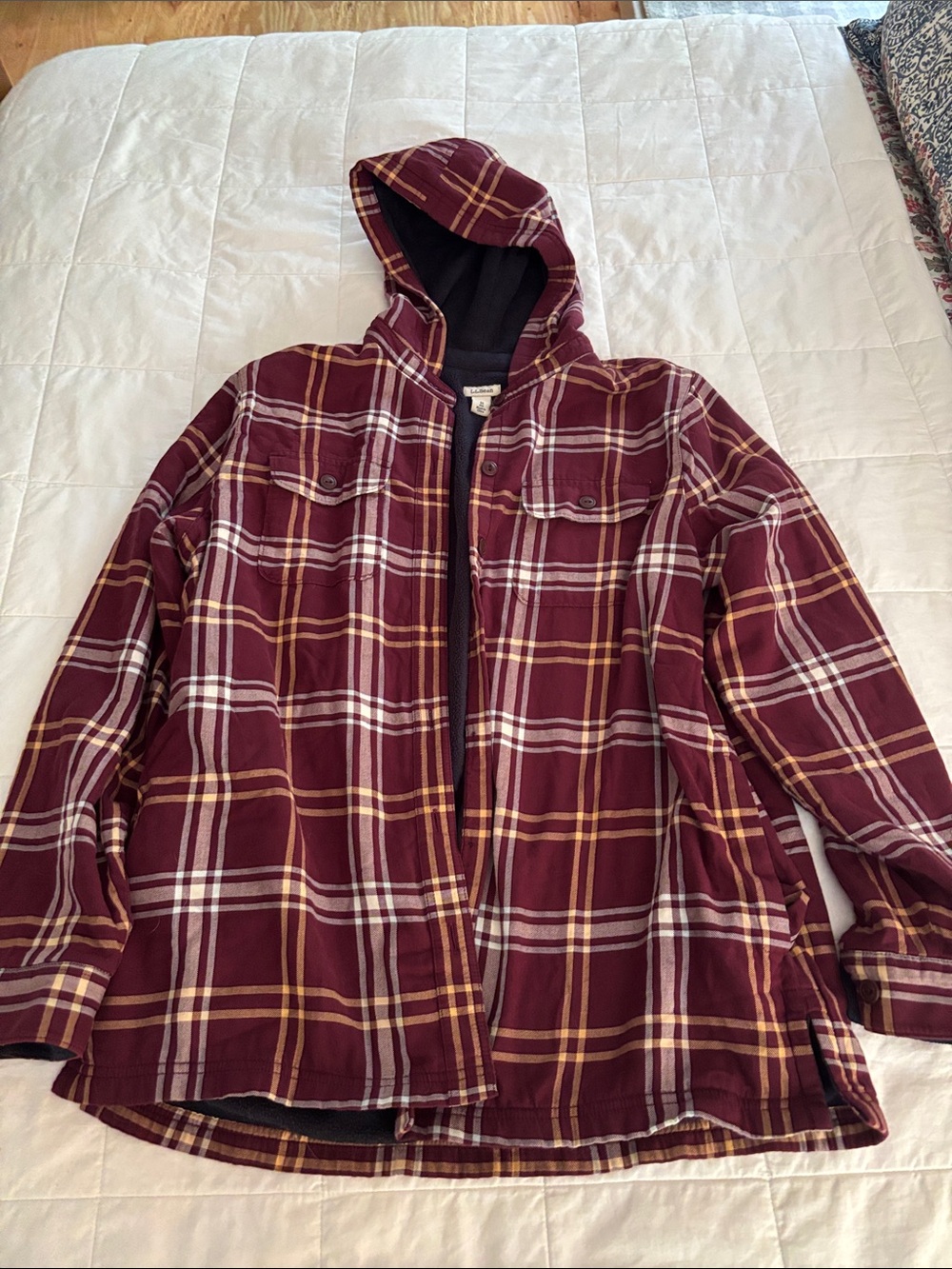 L.L. Bean Burgundy Plaid Hooded Utility fleeced Jacket so soft!